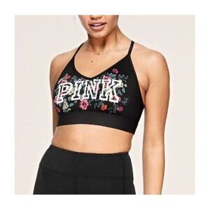 Victorias Secret Pink Sport Bra Women Large Ultimate Lightly Lined Black Floral